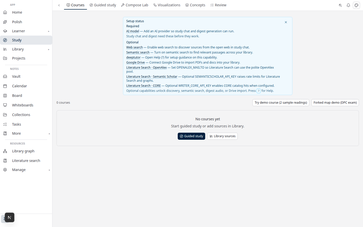 Lattuce Study hub with Courses, Guided study, and Review navigation