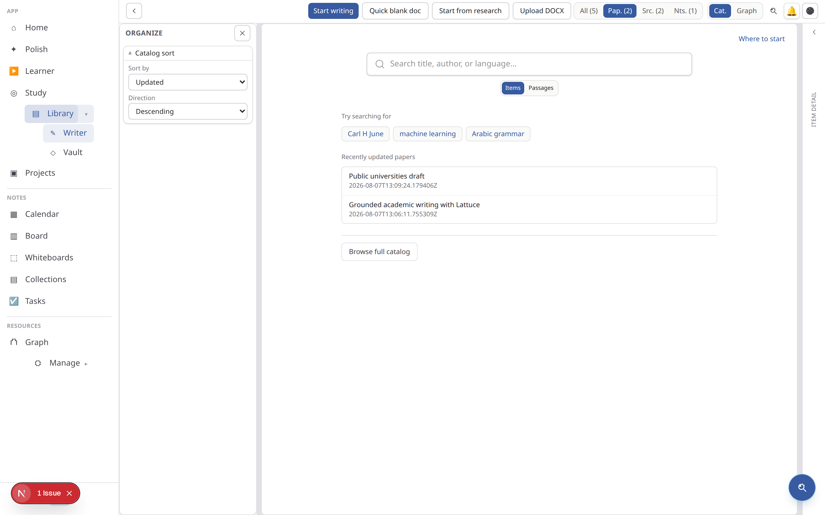Lattuce Library catalog with search, filters, and manuscript/reference views