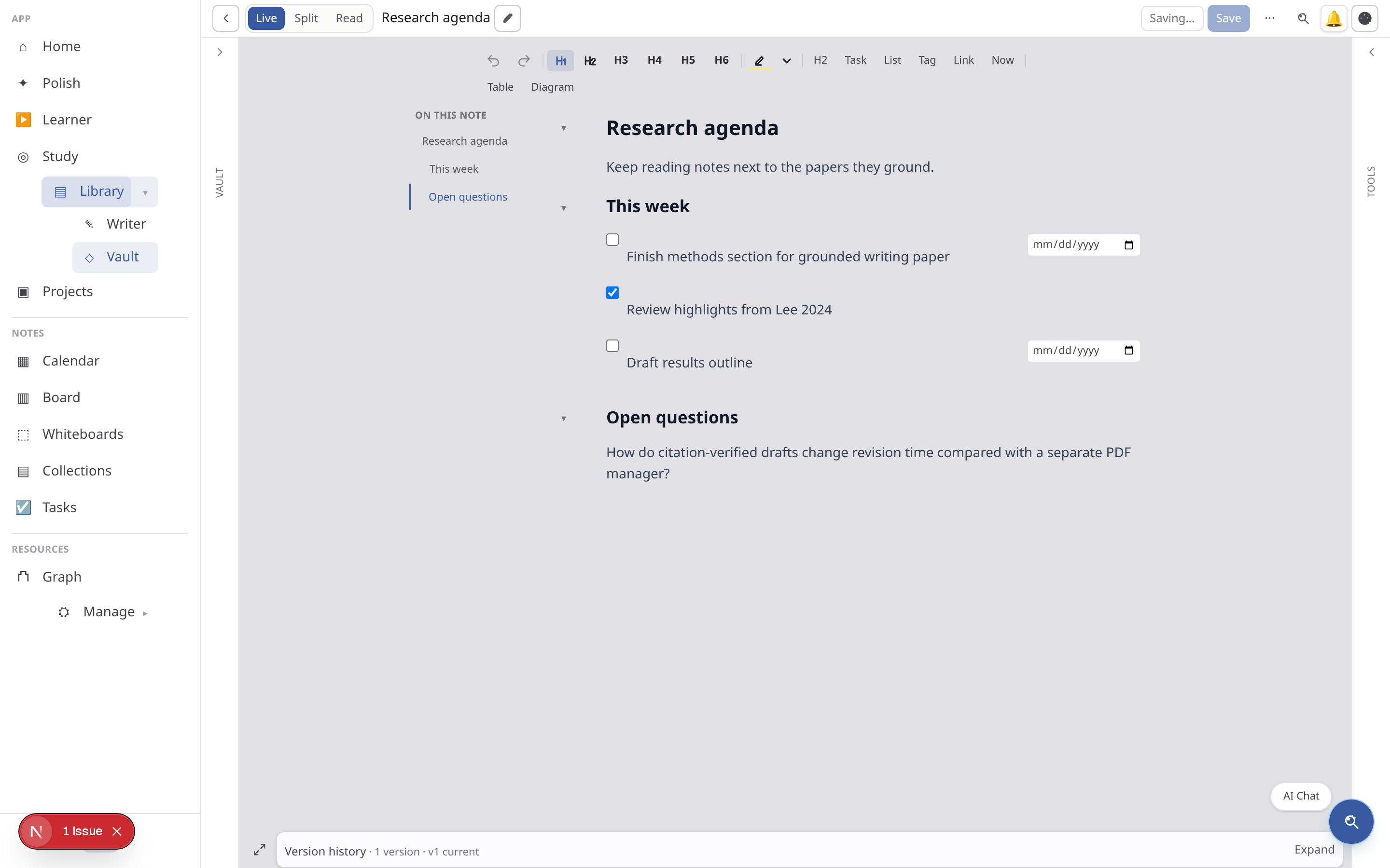 Lattuce Notes vault with the editor, outline, and workspace navigation