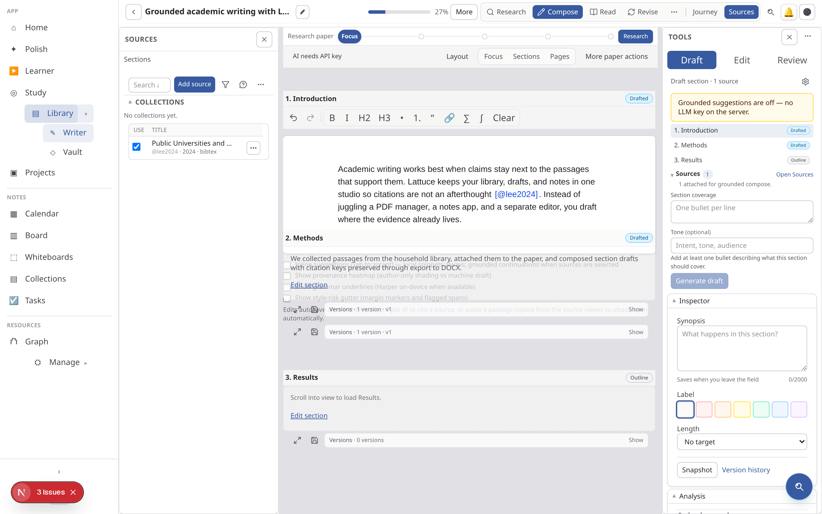 Writer Compose workspace with sources, section editor, and Assistant tools